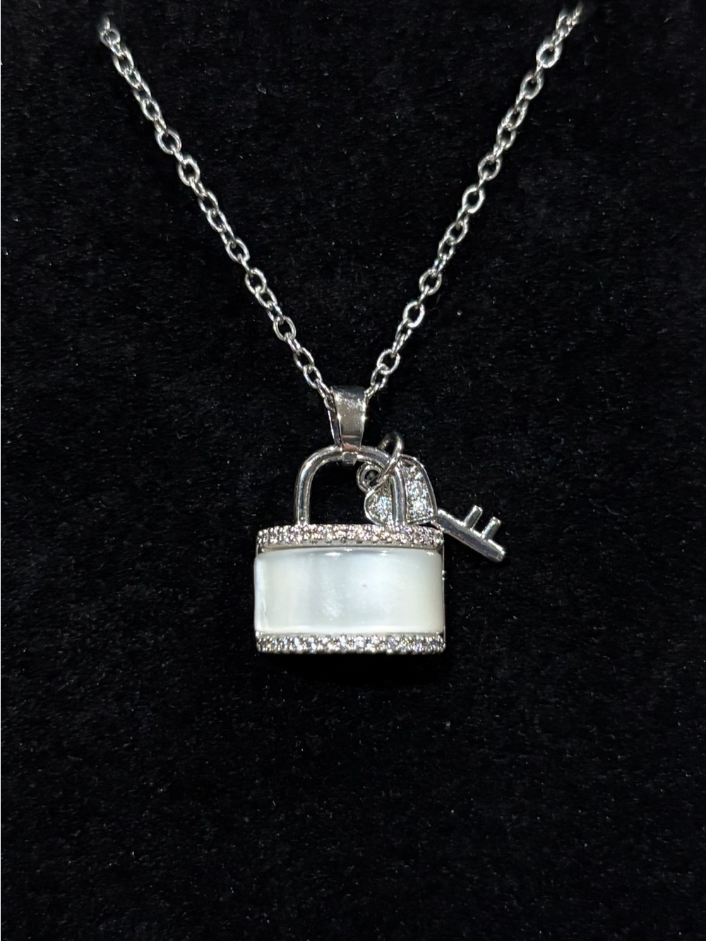 New Silver Padlock Pendant & Key CZ Necklace with Mother-of-Pearl Inlay